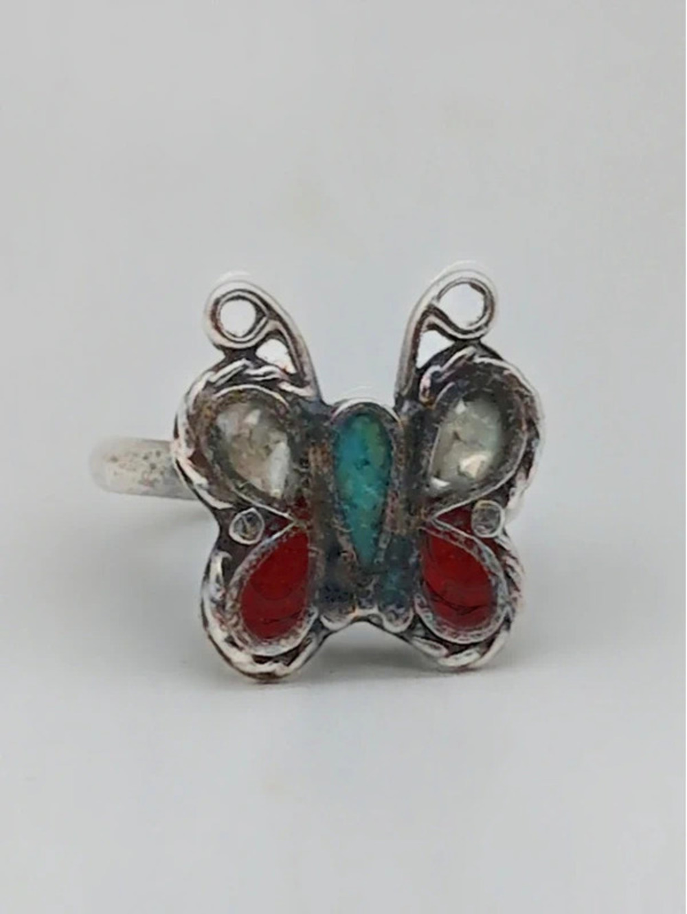 Vintage 1970s Southwestern Chip Inlay Butterfly Ring 6.5